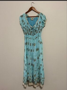 Light Blue Boho Maxi Dress with Metallic Leaf Print